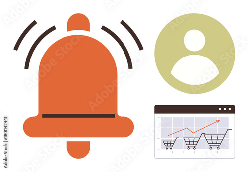 Bell icon signaling alert, user profile icon, analytics chart with growing trend line over shopping cart graphics. Ideal for e-commerce, customer engagement, marketing, notifications, online