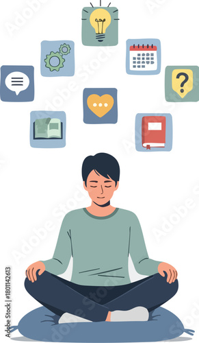 Illustration of a relaxed young man meditating with thought bubbles containing various icons related to aids, planning, and communication.
