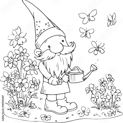 Garden Gnome: A charming garden gnome tends his flowers with care, the scene bursts with the essence of springtime. With butterflies dancing playfully nearby.