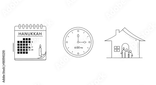 Calendar marking Hanukkah alongside a clock and a family silhouette inside a house