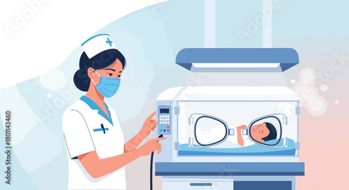 A Nurse Attends To A Newborn Baby In An Incubator During Medical Treatment