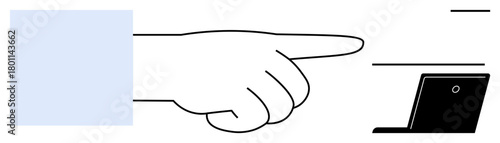Flat style hand pointing towards a laptop screen, conveying attention, direction, decision-making, and user interaction. Ideal for focus, navigation, technology, education guidance digital