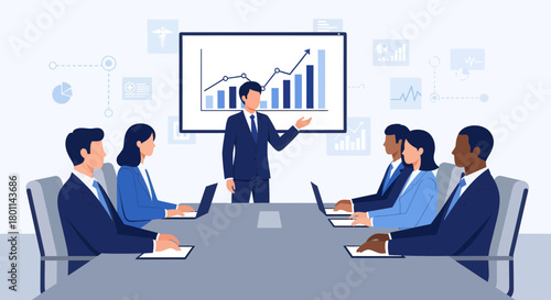 Business Team Analyzing Data During Corporate Meeting with Presentation and Graphs