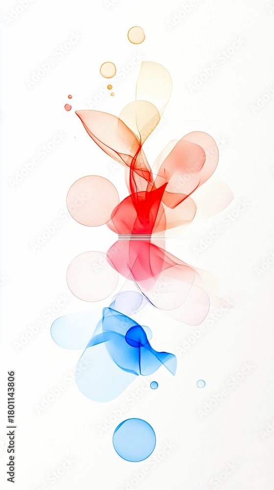Fototapeta premium Translucent, flowing shapes in red and blue hues, resembling abstract organic forms and bubbles, are suspended against a clean white background.