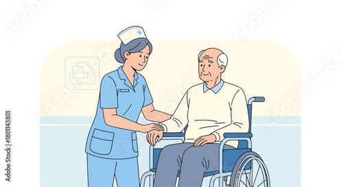 Caring Nurse Comforting Elderly Patient in Wheelchair at Assisted Living Facility