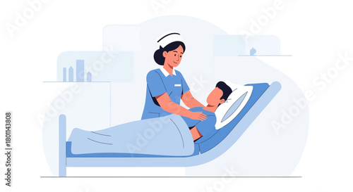 Caring Nurse Comforts Patient Inside Hospital Room during Recovery Process Treatment