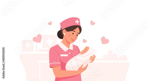 Caring Nurse Holding Newborn Baby Surrounded By Hearts With Hospital Background