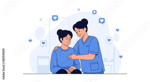 Compassionate Nurse Comforting Patient Illustrating Healthcare and Supportive Actions