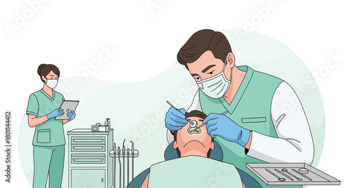 Dentist Performing Dental Checkup on a Patient with Assistance of  Medical Assistant