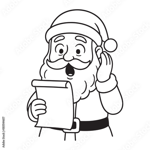 Surprised Santa Claus reading a long list in a cheerful black and white cartoon style vector illustration