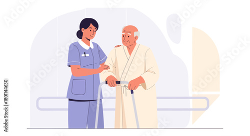 Elderly Man Receiving Assistance From Nurse In Healthcare Facility With Walker Aid
