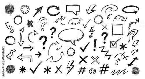 Collection of hand drawn doodle icons and symbols including arrows speech bubbles question marks and checkmarks