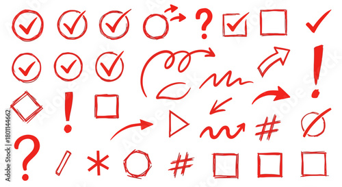 Collection of hand drawn red checkmarks crosses circles and arrows on white background