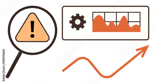 Magnifying glass highlights danger triangle, analytics chart shows fluctuation trends, orange arrow rises. Ideal for risk assessment, analysis, analytics, strategy, safety, growth trends