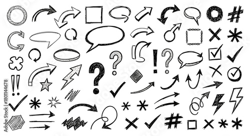 Collection of hand drawn doodle icons and symbols including arrows speech bubbles question marks and checkmarks