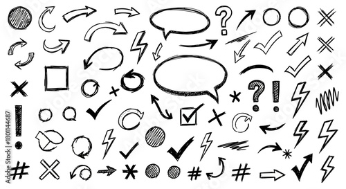 Collection of hand drawn doodle icons and symbols including arrows speech bubbles question marks and checkmarks