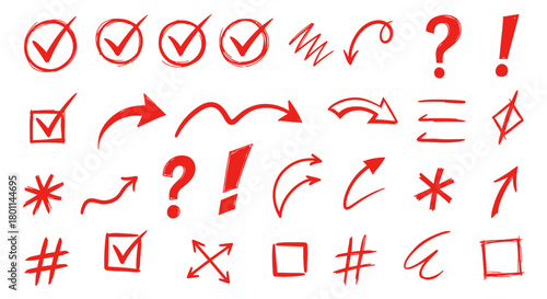 Collection of red hand drawn checkmarks question marks exclamation marks arrows and boxes on white background