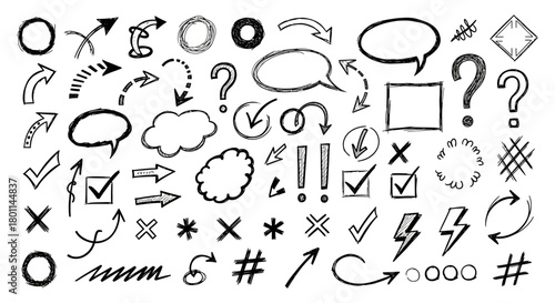 Collection of hand drawn doodle icons and symbols including arrows speech bubbles question marks and checkmarks