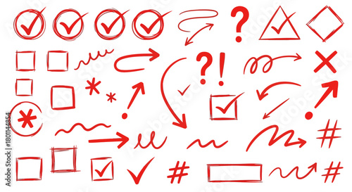 Collection of hand drawn red marks and symbols including checkmarks question marks arrows and boxes