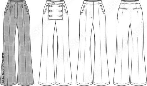 Cad drawing flat vector illustration of four pants template, plaid, lace-up, pocketed and stitched styles, front and
