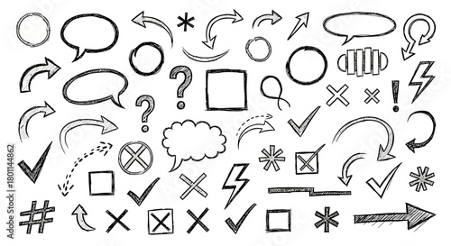 Collection of hand drawn doodle icons including speech bubbles arrows question marks checkmarks and stars
