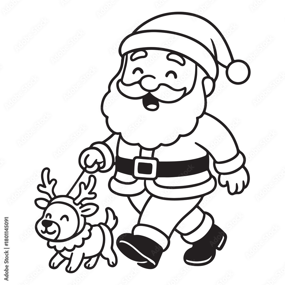 Obraz premium Cheerful Santa walking a happy dog in reindeer costume during a holiday stroll. Black and white cartoon vector illustration.