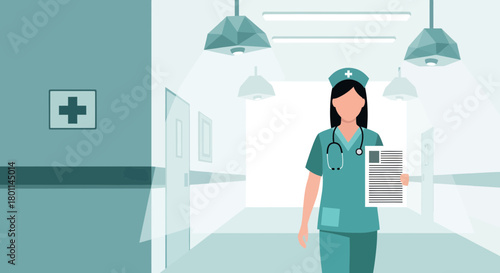 Hospital Corridor Illustration Of Professional Nurse Walking Down The Pathway