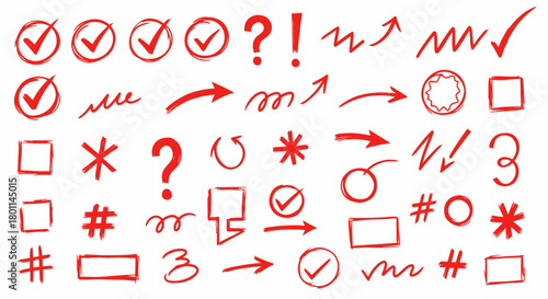 Collection of red hand drawn checkmarks question marks arrows and symbols on white background