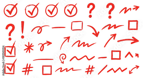 Collection of hand drawn red checkmarks question marks arrows and symbols on white background