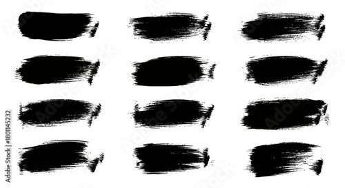 Collection of twelve black paint brush strokes and smudges on a white background