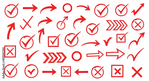 Collection of red hand drawn check marks arrows circles x marks and square boxes on white background