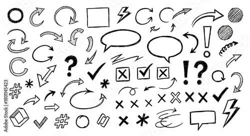 Collection of hand drawn doodle icons and symbols including arrows checkmarks questions and exclamations