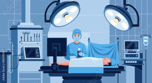 Hospital Room Scene Shows Operation Theater With Doctor and Patient Illustration