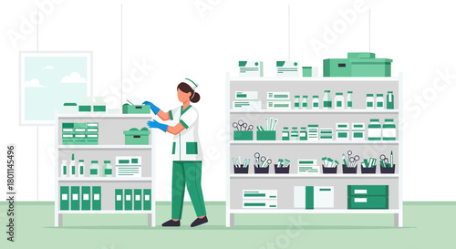 Hospital Staff Arranging Medical Supplies On Shelves, Healthcare Professional, Illustration