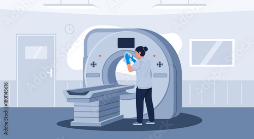 Hospital Technician Sanitizing CT Scan Machine for Enhanced Patient Safety and Care