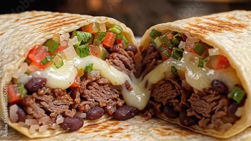 Delicious Steak Burrito with Melted Cheese and Fresh Salsa.