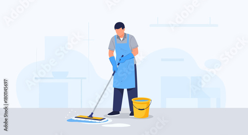 Housekeeper Cleans Floors with a Mop and Bucket, Illustration Vector Design.