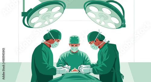Illustration Of A Medical Team Performing Surgery Under Bright Operating Lights
