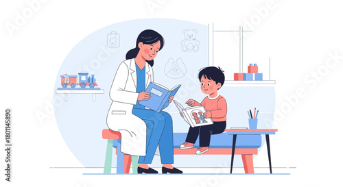 Illustration Of Child And Practitioner Reading In A Pediatric Doctors Office Setting