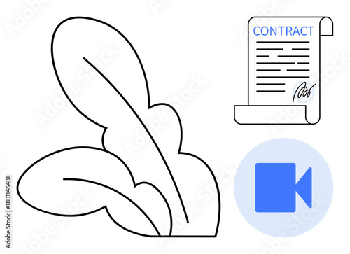 Leaves outline, signed contract, video call symbol highlight technology, documentation, communication, sustainability, innovation. Ideal for remote work, agreements teamwork e-learning green