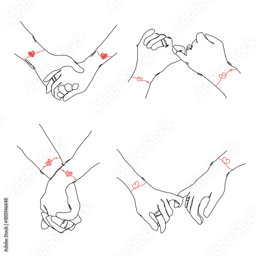 single one line drawing of couple hands holding together with heart wristband and engagement ring vector illustration