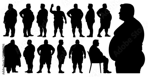 Plus Size Overweight Man Silhouette Collection, Obese Male Body Shapes in Different Poses, Health and Lifestyle Concept, Transparent Background