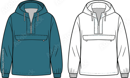 CAD drawing flat vector illustration of hooded sweatshirt design, half zipper front, drawstring hood, front pocket, colored and line sketch views