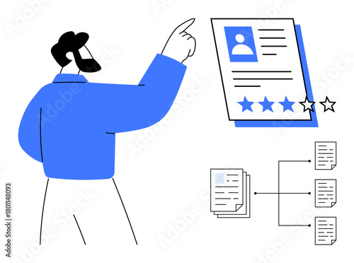 Person pointing at a profile with a star rating and interconnected documents. Ideal for recruitment, HR, evaluation, career development, job applications, workflow, organization. Simple flat metaphor