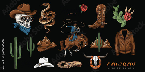 Cowboy culture icons, Western illustrations, rodeo elements, desert wildlife, flat vector artwork, rustic Americana design, wild west theme