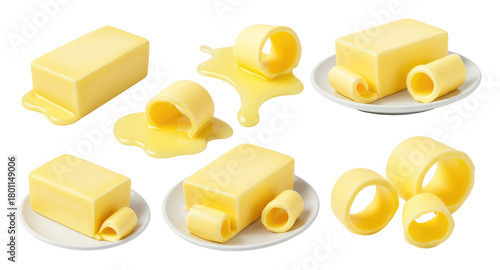 Set of yellow butter blocks with curls, pats, and melted spills on plates