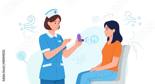 Medical Professional Explains Inhaler Usage to A Patient in Clinic Setting