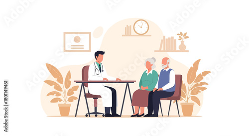 Medical Consultation: Doctor Examining Senior Couple in Clinic or Hospital Setting