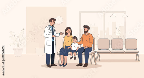 Medical Consultation: Doctor Explaining Diagnosis To Family In Modern, Relaxed Clinic Indoor Setting