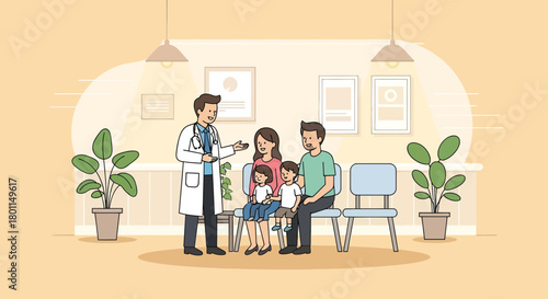 Medical Consultation Scene Depicting Doctor Interacting With A Family For Health Matters